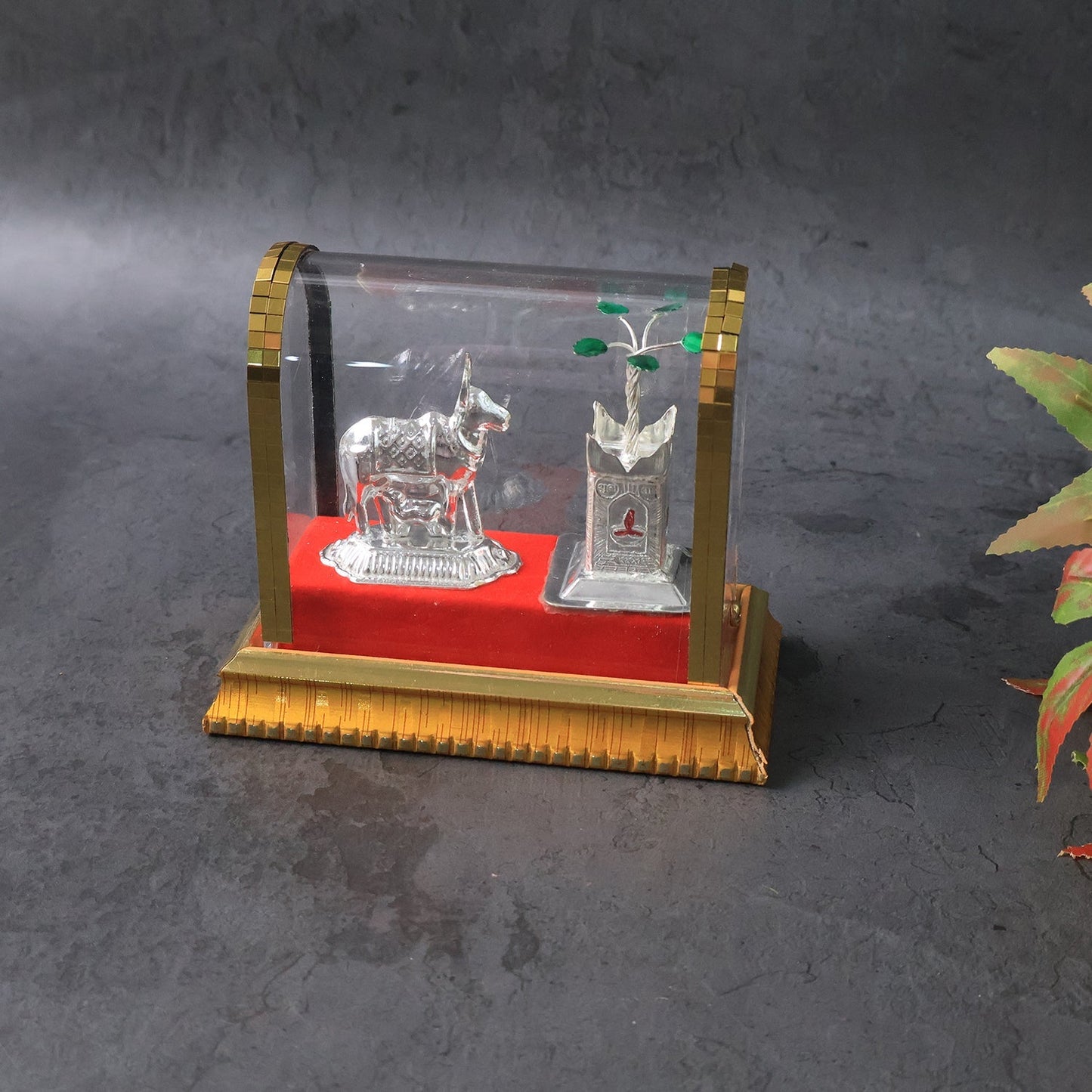 Decorative Kamdhenu Cow with Calf and Tulsi Plant Idol Set